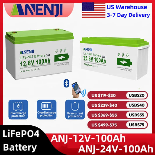 ANENJI 24V 12V 100Ah LiFePO4 Solar Battery Lithium Battery Pack Built-in BMS Grade A Cells 6000+ Cycle For Home Energy Storage