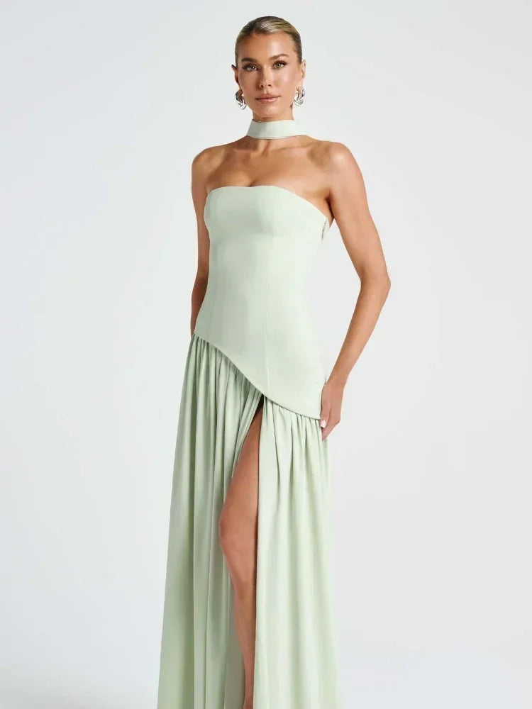 Solid Spliced Ribbon Maxi Dress Women Elegant Strapless Sleeveless Slit Long Dresses 2025 New Summer Holiday Party Lady Vestidos