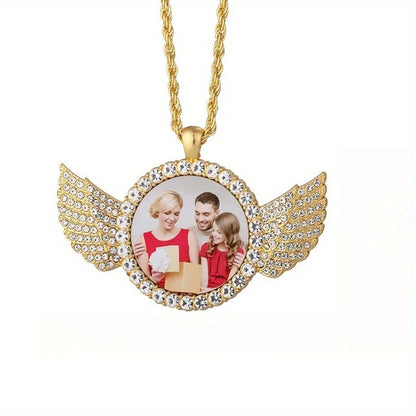 Custom Angel Wing Round Photo Necklace -Personalized Unforgettable memories Picture Pendant Jewelry Perfect for Anniversary Gift