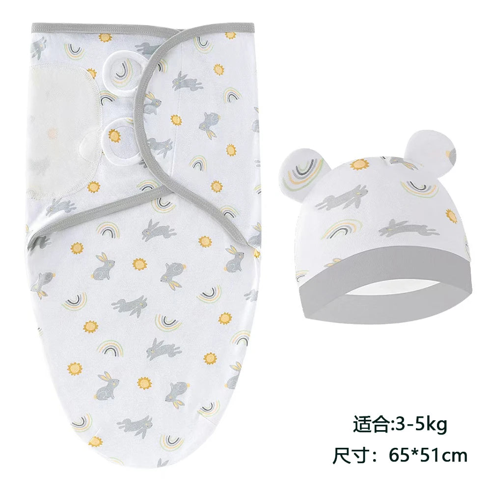 Baby Blanket Hat Set Cartoon Printed Cotton Newborn Swaddle Adjustable