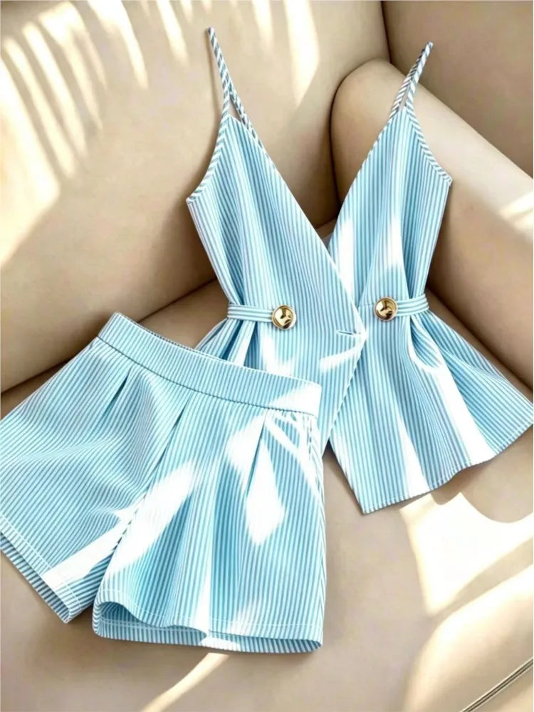Women Striped 2 Piece Set V-neck Top Lace Up High Waist Pleated Wide Leg Shorts Summer Fashion Office Ladies Commuting Outfit