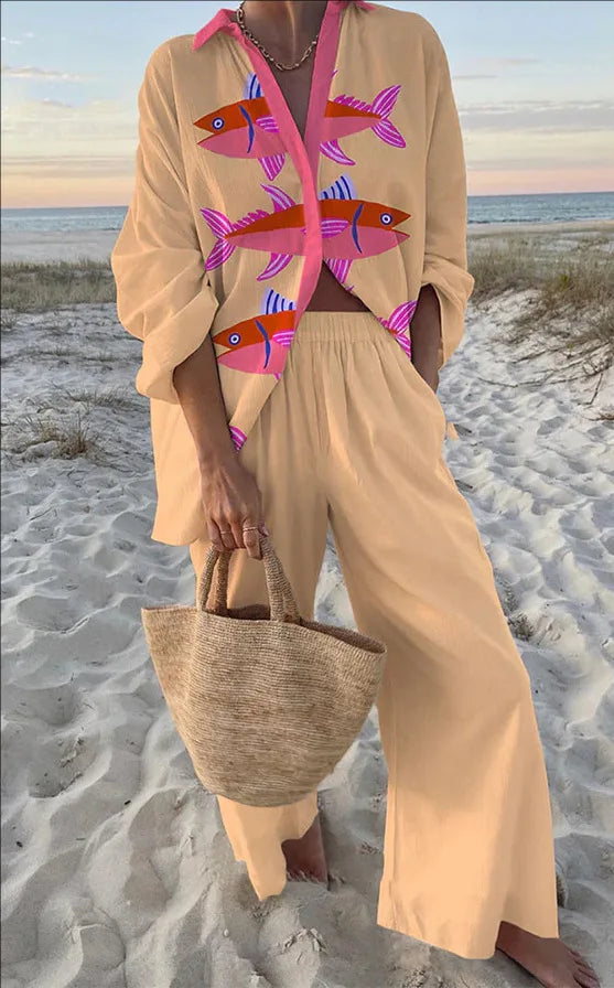 Fashion Print Beach Holiday 2-Piece Set Women Spring Summer Long Sleeve Shirt Top + Wide Legs Women's Oversized Two-Piece Outfit