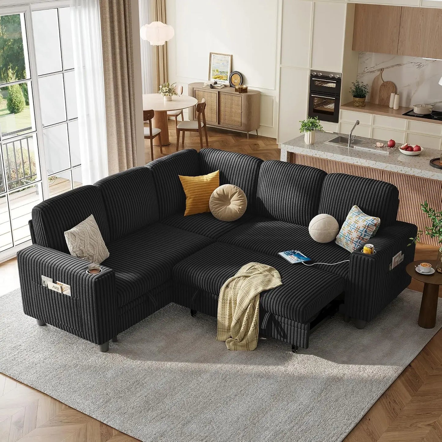 Sectional Couches for Living Room, 81" L Shape 5 Seats, Green | Sleeper sofa with pull out couch bed, corduroy, Customized