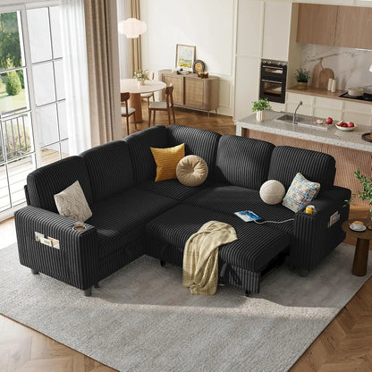 Sectional Couches for Living Room, 81" L Shape 5 Seats, Green | Sleeper sofa with pull out couch bed, corduroy, Customized