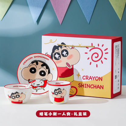 New 1Set/4Pcs Cute Cartoon Anime Crayon ShinChan Ceramics Gift Box Set Kawaii Rose Bowl Plate Spoon Cup childen Birthday Gift
