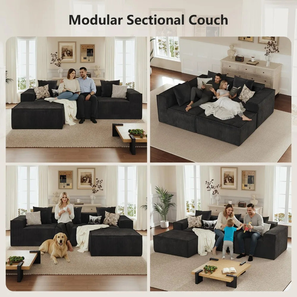 110” Sectional Couches for Living Room, 3 Seat Grey Corduroy Convertible Boneless Couches Sofa Bed with Pillows,, Customized
