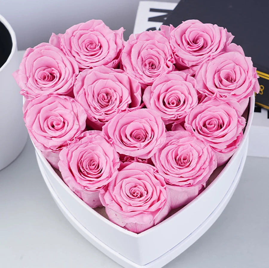 12-13PCS Peserved Roses in Heart Shape Box 100% Natural Long Last Real Eternal Real Rose Mothers Valentines Day Gifts Home Decor