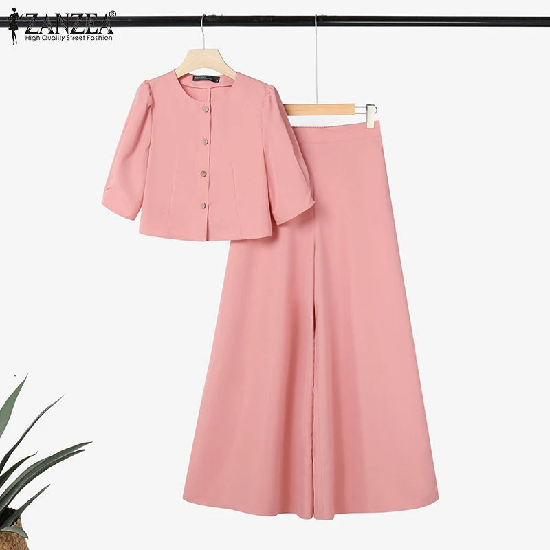Women's Plus-Size Pants Set | Puff-Sleeve Crop Top & Wide-Leg Pants | Parties & Casual Outings