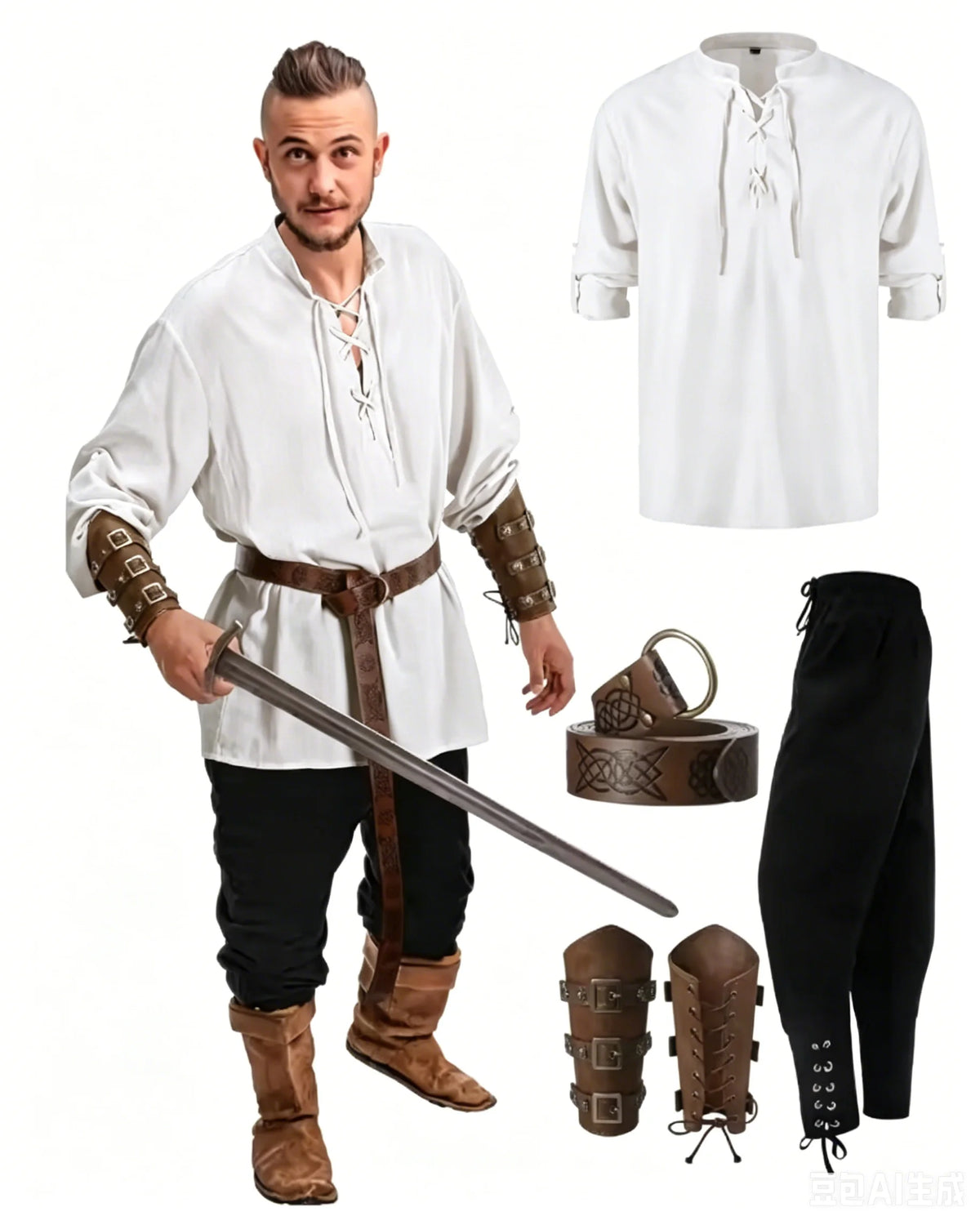 4 Pcs Halloween Men's Renaissance Costume Set Medieval Pirate Shirt Ankle Banded Pants Viking Belt Accessories
