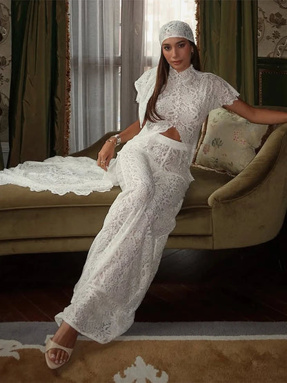 Solid Lace Two Piece Set Round Neck Short Sleeve Cutout Crop Top High Waist Wide Leg Pants 2026 Summer Elegant Party Outfits