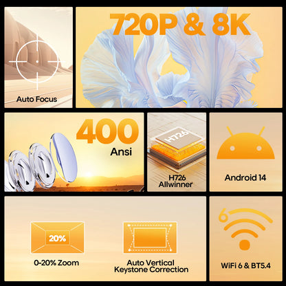 Magcubic 8K Native 4K Projector 400ANSI 14 Android Auto Focus Portable Outdoor HY300Max with Wifi6 BT5.4 Allwinner H726 720P