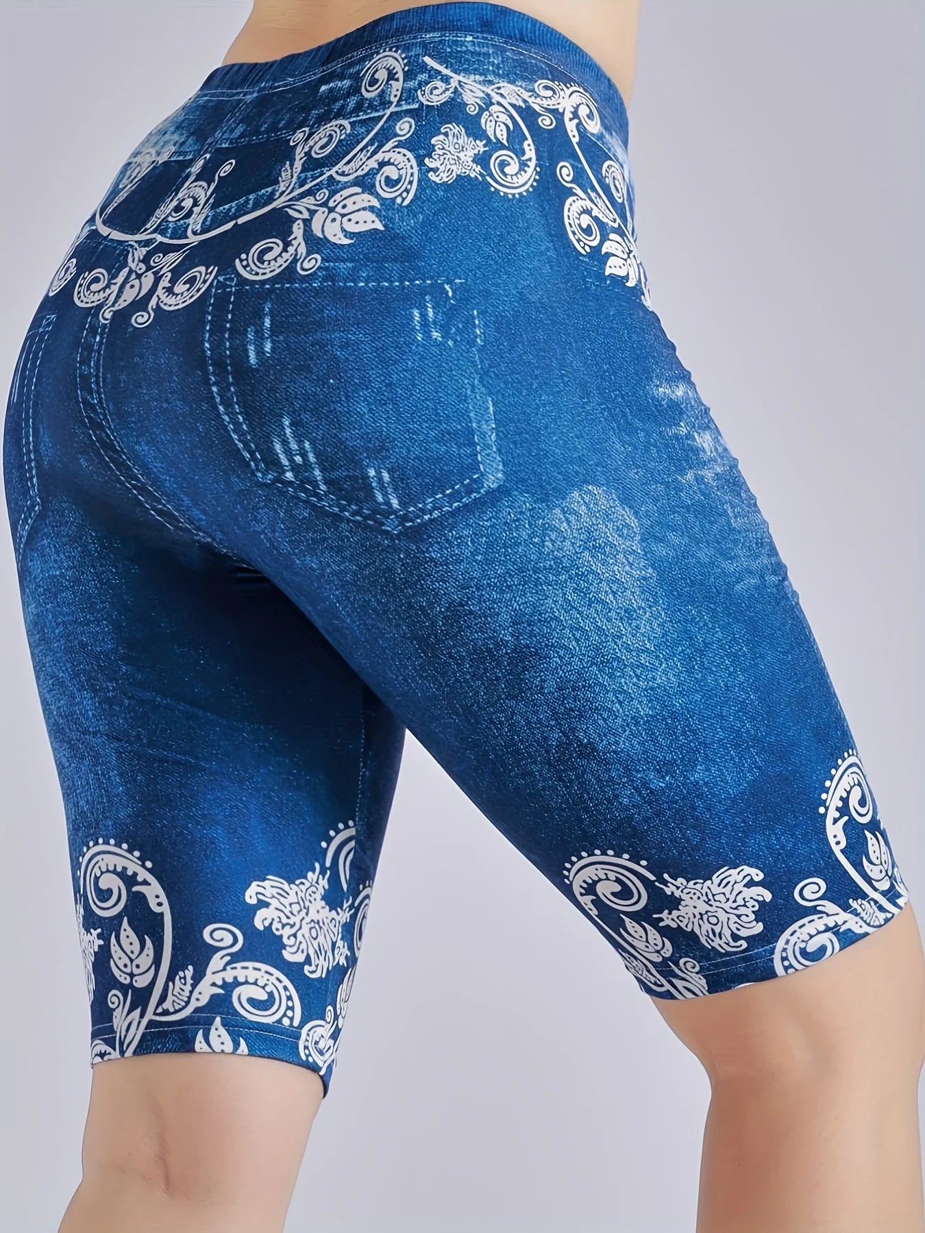 Lmitation Denim Leggings For Women Butterfly Waist Fruit Flower Elastic Shorts High Waist Casual