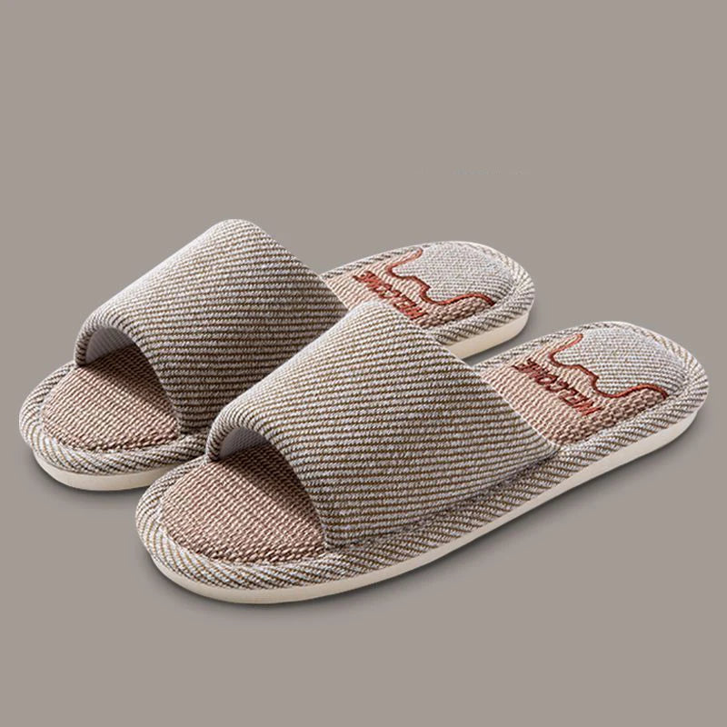 Women Linen Slippers Four Seasons Women Indoor Sandals Adults Cartoon Slides Couples Open toed Breathable Home Shoes