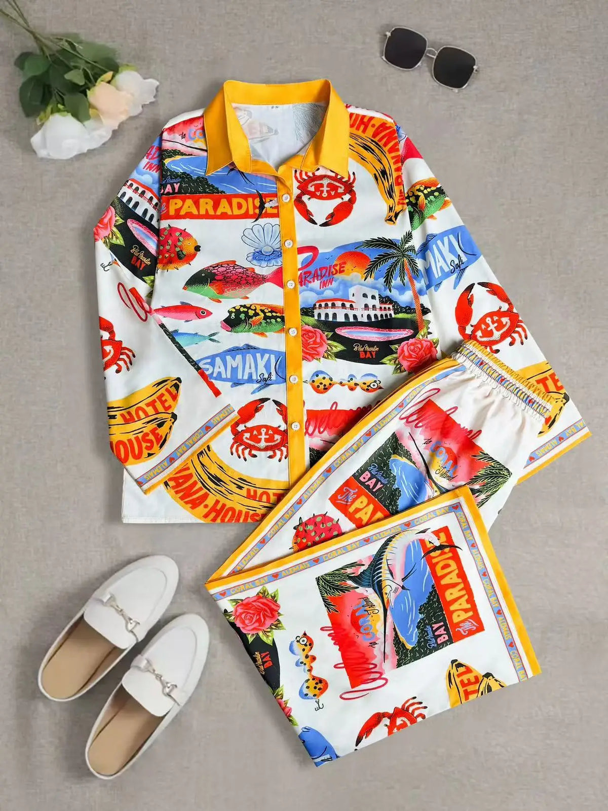 Fashion Print Beach Holiday 2-Piece Set Women Spring Summer Long Sleeve Shirt Top + Wide Legs Women's Oversized Two-Piece Outfit