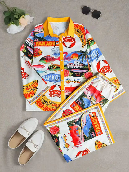Fashion Print Beach Holiday 2-Piece Set Women Spring Summer Long Sleeve Shirt Top + Wide Legs Women's Oversized Two-Piece Outfit