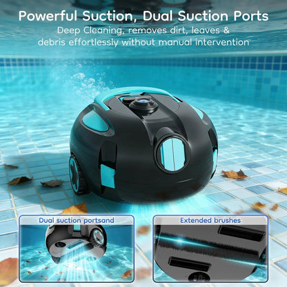 Cordless Robotic Pool Cleaner Featuring an Ultra-Long 160-Minute Battery Life, IPX8 Waterproof Rating, and Powerful Suction; Capable of Cleaning Pools up to 1,100 Square Feet, It Comes with a Retrieval Rope and Cleaning Brush