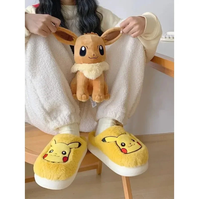 Popular anime Pokemon Pikachu Eevee Couple Cotton Slippers Winter Cute Cartoon Men Women Shoes with Velvet Insulation Anti slip