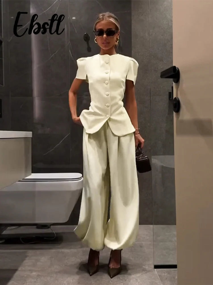 Elegant Short Sleeve Top Pants Set Women's Solid Single-breasted O Neck Waist-cinching Tops Loose Lantern Trousers 2026 Outfits