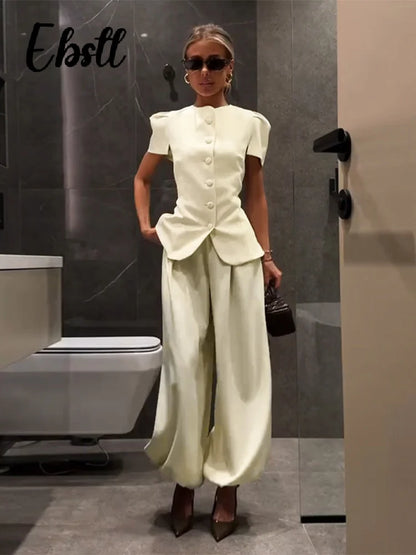 Elegant Short Sleeve Top Pants Set Women's Solid Single-breasted O Neck Waist-cinching Tops Loose Lantern Trousers 2026 Outfits