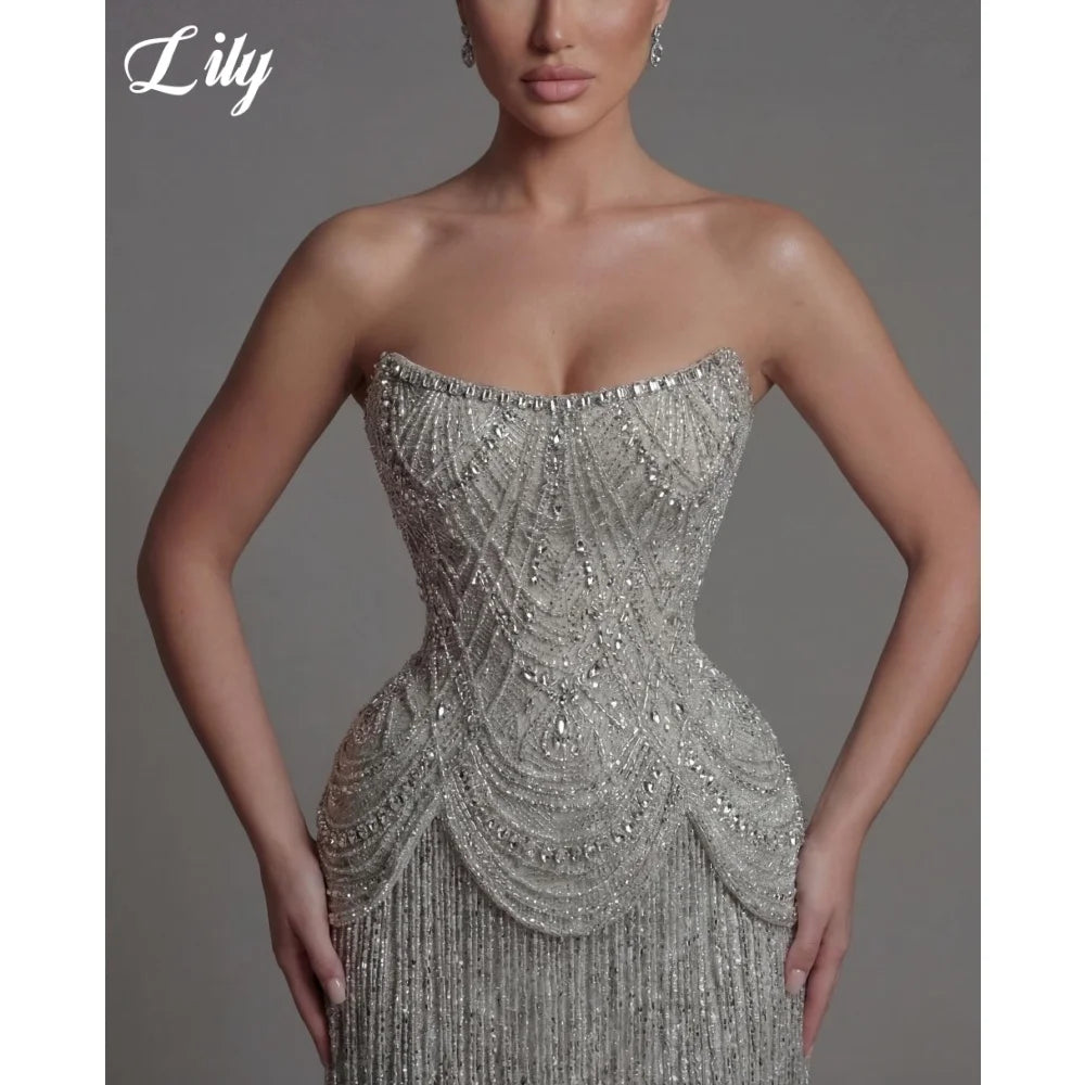 Lily Silver Strapless Prom Dress Beaded Corset with Fringe Skirt Evening Dress Luxury Mermaid Party Dress For Women Customized