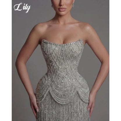 Lily Silver Strapless Prom Dress Beaded Corset with Fringe Skirt Evening Dress Luxury Mermaid Party Dress For Women Customized