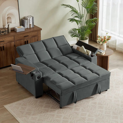 hansones 65'' 3-in-1 Folding Convertible Sofa Bed, Pullout Sofa, Modern Chenille Fabric, 360° Swivel Side Table, Easy Assembly,