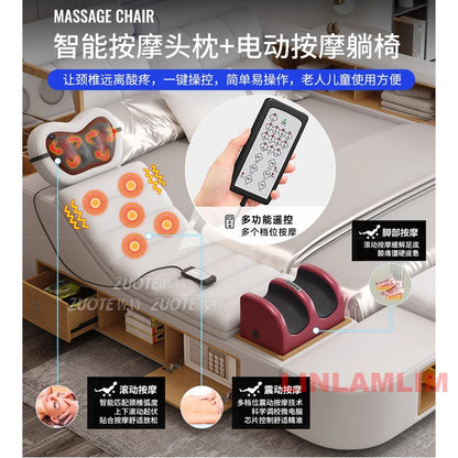 MINGDIBAO  All In One Bed, Luxury Multifunctional Genuine Leather Bed Frame with Tatami, Tech Smart Ultimate Lit 2 Personnes