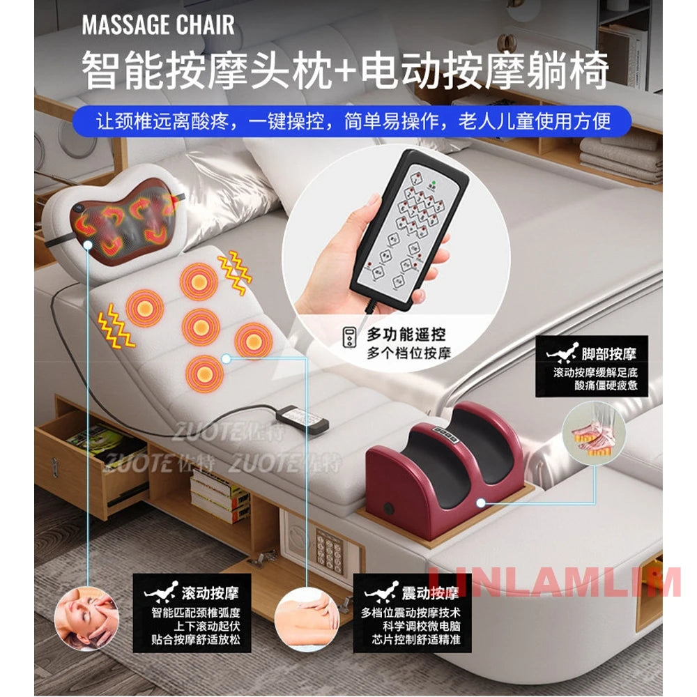 MINGDIBAO  All In One Bed, Luxury Multifunctional Genuine Leather Bed Frame with Tatami, Tech Smart Ultimate Lit 2 Personnes
