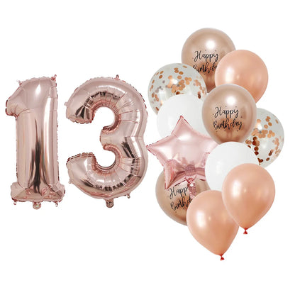 13 Pcs Rose Gold Mixed Balloons 32 Inch Foil Number Ball 10 11 12 13 14 15 Years Old Girls Birthday Party Decorations Supplies