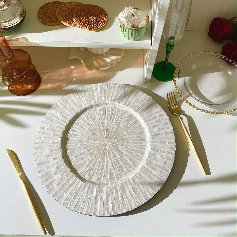 Decorative Plate Natural Shell Wood Plates Set Golden Beads Glass Steak Pasta Serving Tray Dinner Decoration Kitchen Tableware
