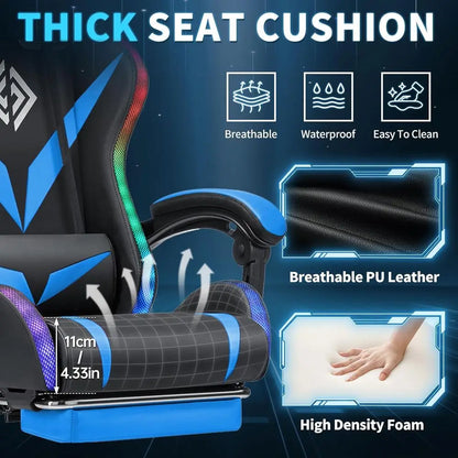 RGB Gaming Chair with Massage and LED Lights Ergonomic High Back Racing Style Reclining Computer Chair with ootrest Lumbar Suppo