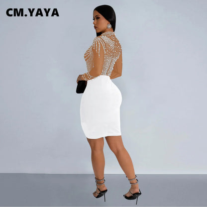 CM.YAYA Women Long Sleeve Mesh Diamonds Hot Rhinestones Mini Dress 2024 Summer Evenning Sexy Party Night Club Dresses Vestidos