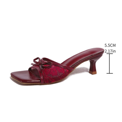 Fancy Lace Flower Mule Sandals Woman Square Toe Kitten Heel Slide Slippers Ladies Black Brown Net Bowknot Design Party Shoes