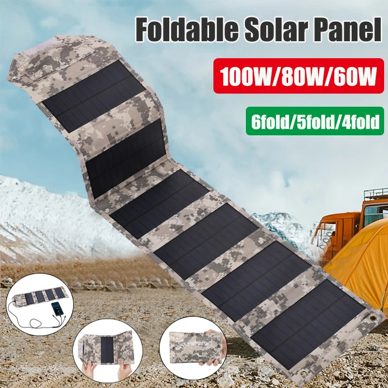 100W/80W/60W Foldable Solar Panel 5V USB Portable Folding Bag for Cell Phone Outdoor Waterproof Power Bank for Camping Hiking