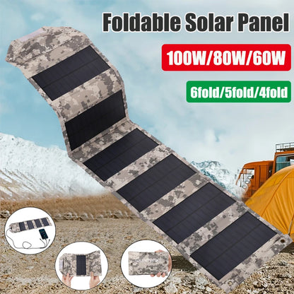 100W/80W/60W Foldable Solar Panel 5V USB Portable Folding Bag for Cell Phone Outdoor Waterproof Power Bank for Camping Hiking