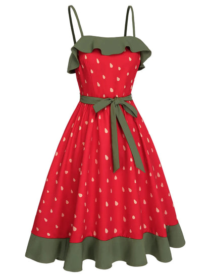 Plus Size Strawberry Print Dress Women's Red Strapless Sundress Green Lace Trim Summer Dress Free Shipping