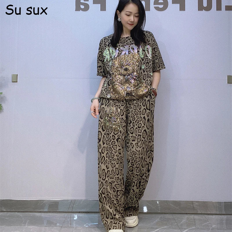 Cartoon Bear Leopard Print Wide Leg Pant 2 Pieces Sets Woman Outfits 2025 Summer Casual Short Sleeve T Shirt Matching Sets Stree