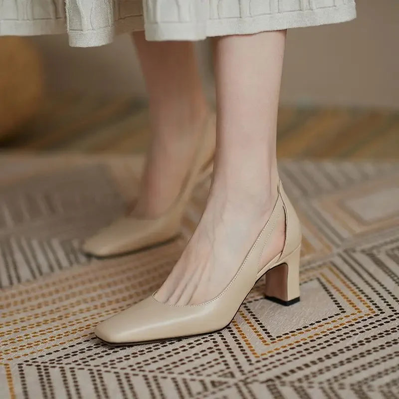 Woman Footwear Office High Heels Black Square Toe Block Heel On Heeled Luxury Leather Casual Pumps Chunky Shoes For Women L Y2k