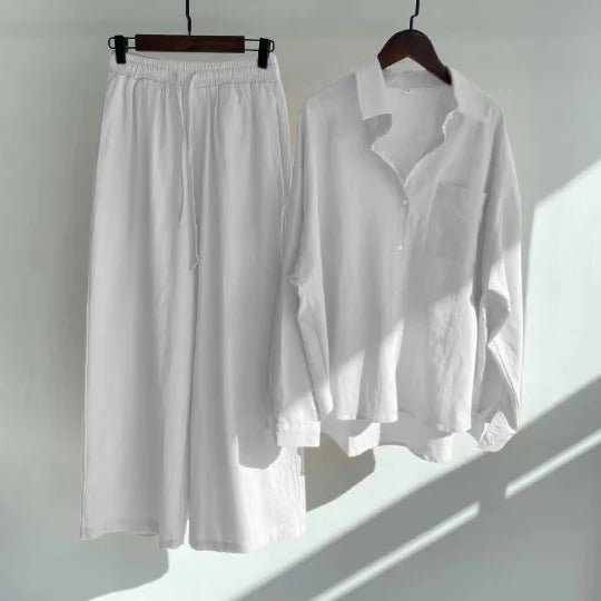 Cotton And Linen Solid Color Pant Sets Women Single-breasted Shirts And Drawstring Loose Wide Legs Trousers Two Piece Set Casual