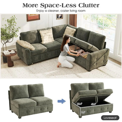 L-Shaped Sectional Sofa Bed with Storage, 5-Seater Convertible Pull Out Sleeper Sofa with USB Charging Ports, 4, Customized