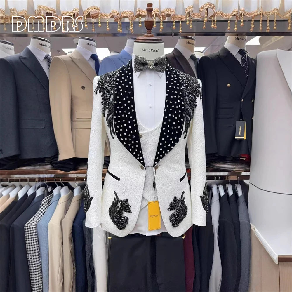 Luxury Paisley Men's Beading Suit Set, 3-piece Formal Suit Set Jacket Vest Pants Black White Rhinestones Tuxedo Set