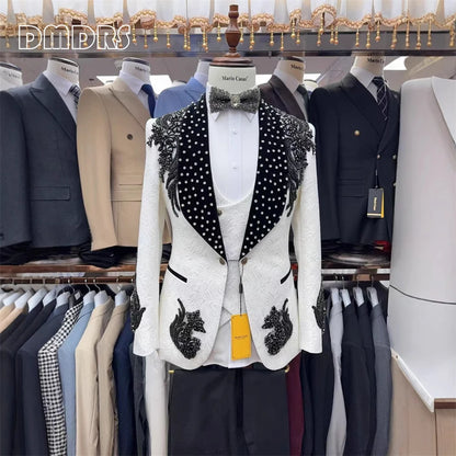 Luxury Paisley Men's Beading Suit Set, 3-piece Formal Suit Set Jacket Vest Pants Black White Rhinestones Tuxedo Set