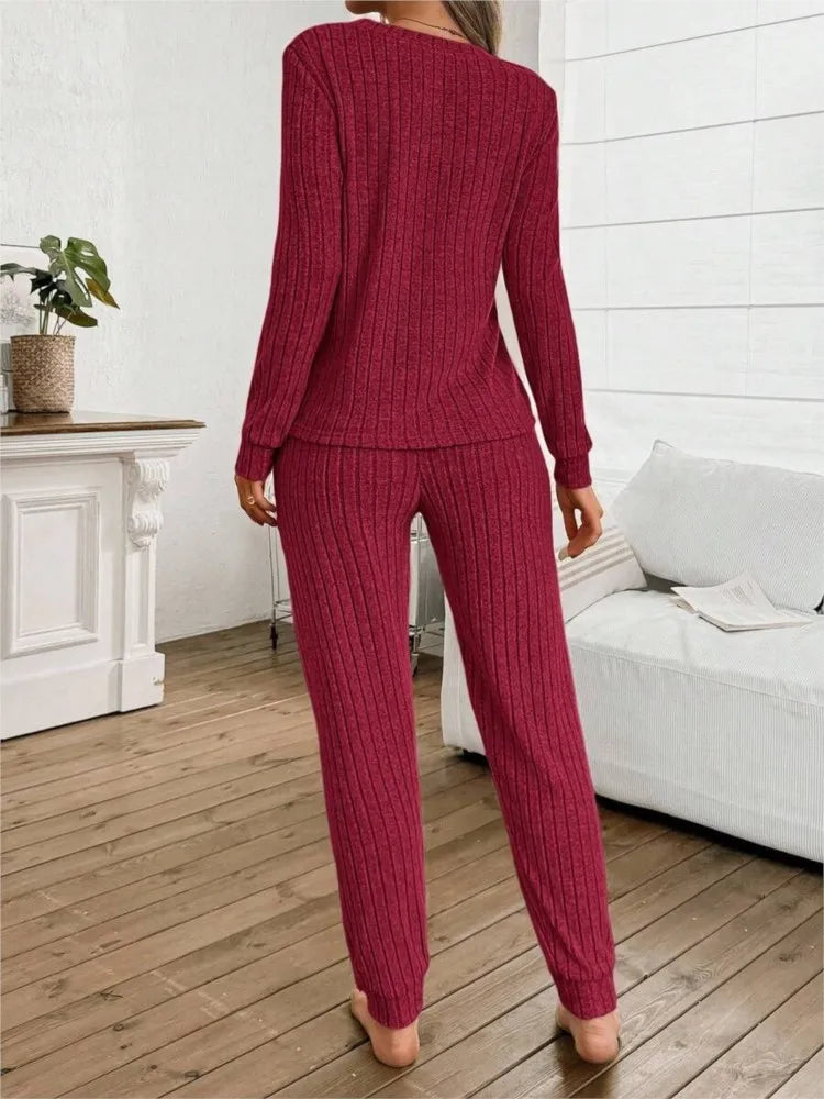 Casual V-neck Knitted Pit Strip T-shirt Long-sleeved Womes Suit Autumn Winter New Slim Fit Trousers Female Home Wear 2-piece Set