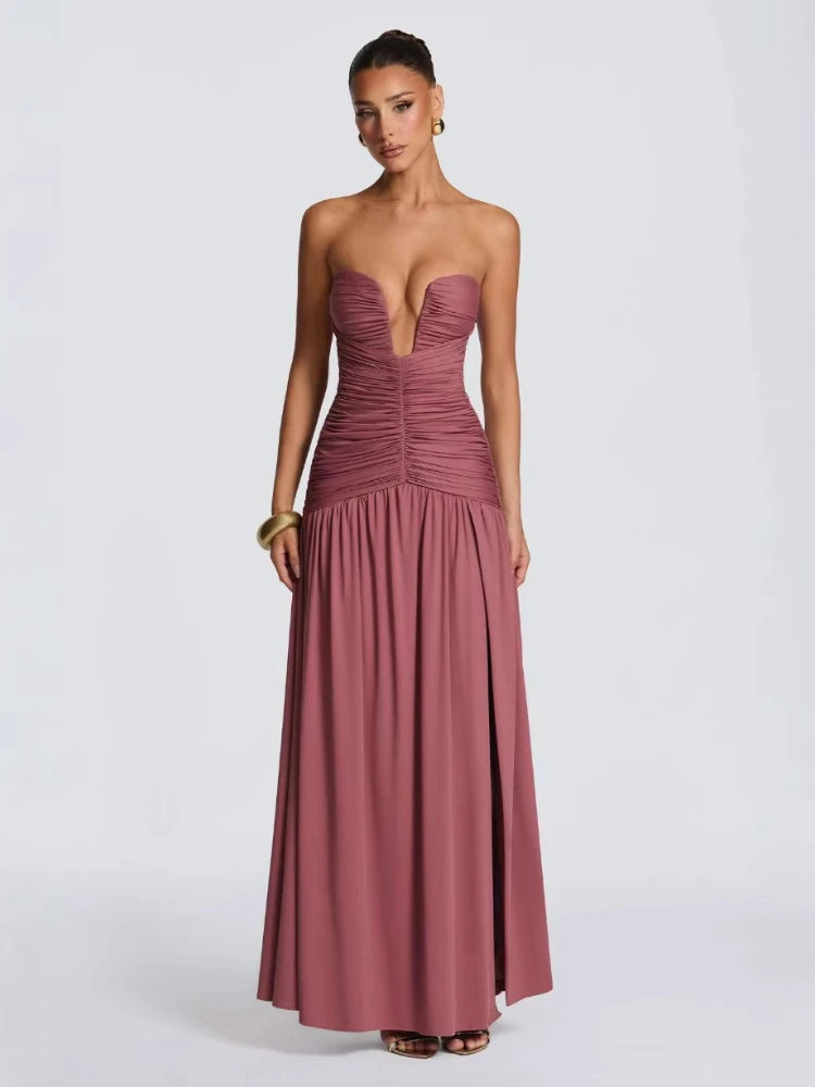 Chaxiaoa Strapless Deep V Neck Ruched Maxi Dresses for Women 2026 Elegant High Split Bodycon Party Evening Dress White Coffee