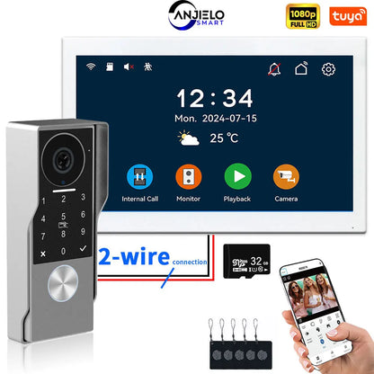 ANJIELO 2-Wire Video Door Phone with TUYA App IC Card PIN Unlock 24 IP Camera Support Smart Video Intercom System for Home 1080P