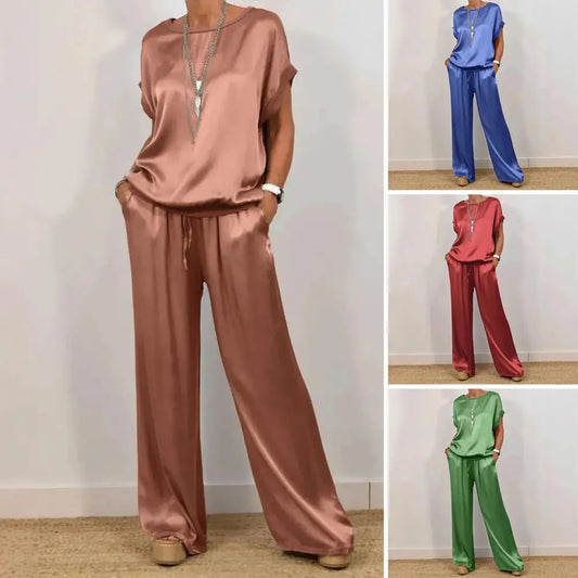 Simple Satin Women's Suits Summer Fashion Short Sleeve Loose Blouse Wide Leg Pants Two Piece Set For Women Casual Outfits