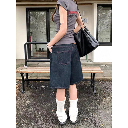 YIBASHU Summer Women American Retro Jorts Punk Jean Shorts Black Y2K 2000s Harajuku Denim Calf-Length Pant Japanese High Street