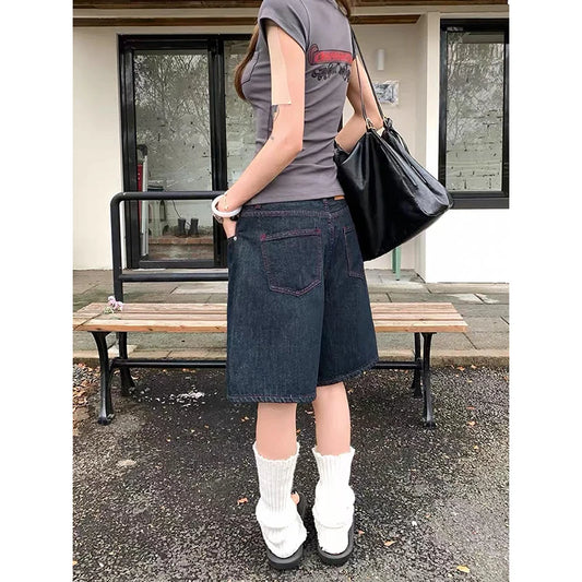 YIBASHU Summer Women American Retro Jorts Punk Jean Shorts Black Y2K 2000s Harajuku Denim Calf-Length Pant Japanese High Street