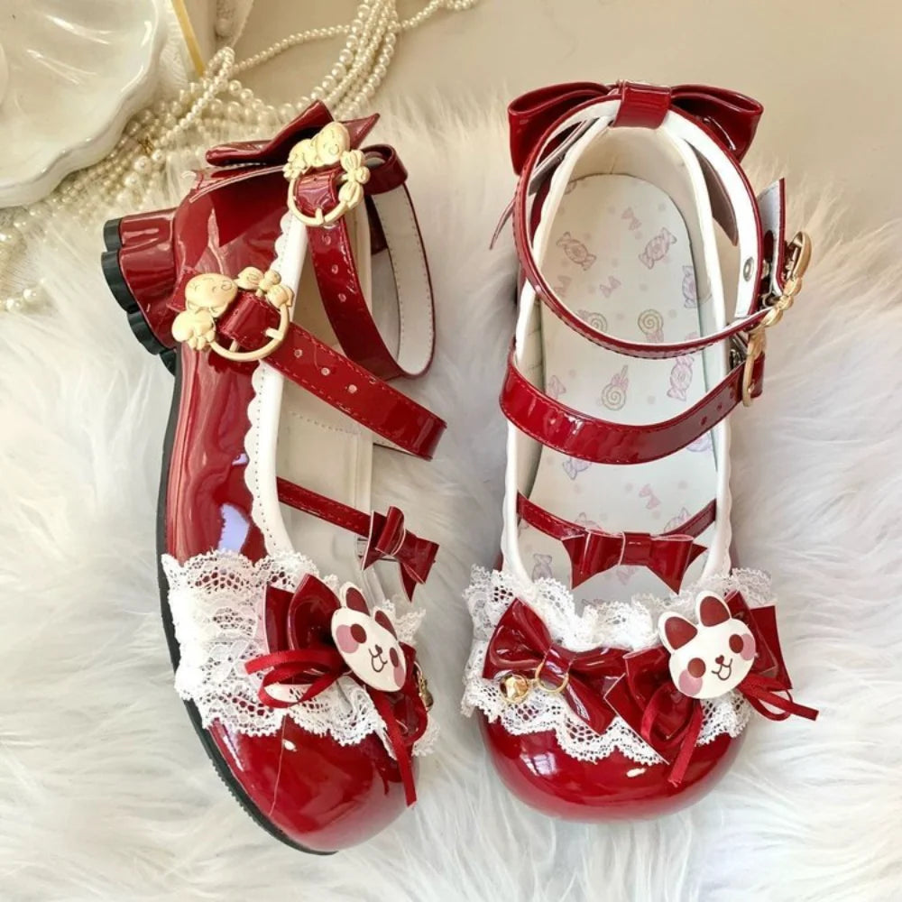 Cute Lolita Mary Jane Heels with Bunny Bows Lace and Bells for Cosplay and Tea Parties