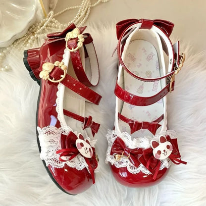 Cute Lolita Mary Jane Heels with Bunny Bows Lace and Bells for Cosplay and Tea Parties